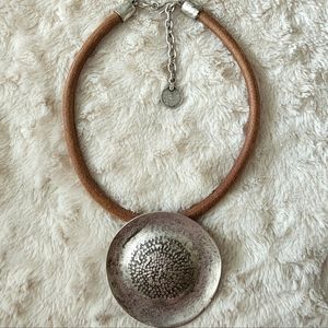 Gorgeous Thick Brown Leather Artisan Handmade Boho Silver Disk Choker Necklace